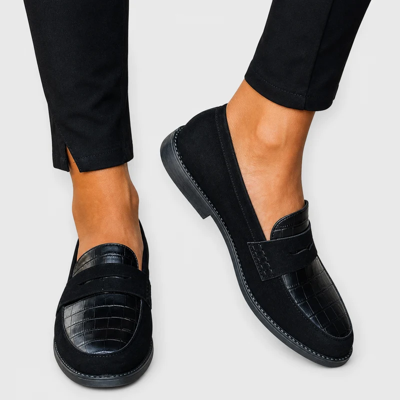 Greta Moccasin — Black Penny with Crocodile Effect