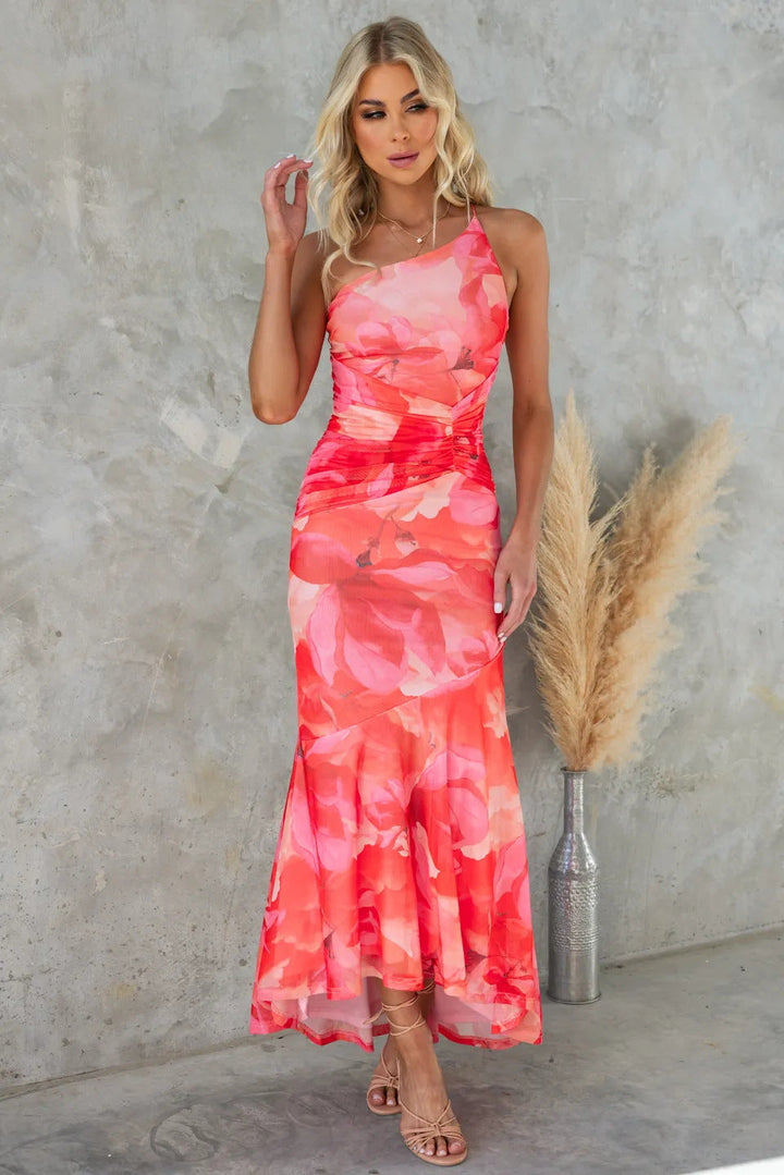 One-Shoulder Pleated Maxi Dress