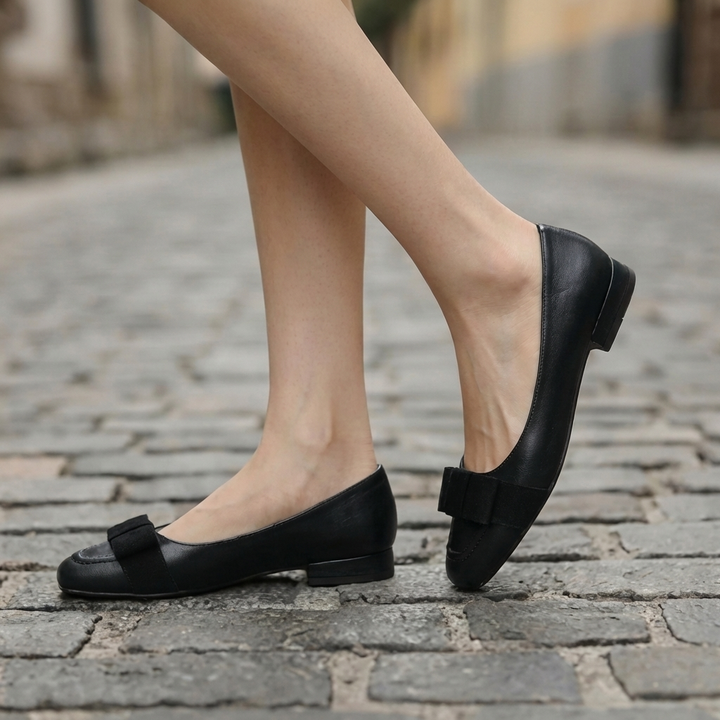 Camille Bow Leather Flats Deep Black