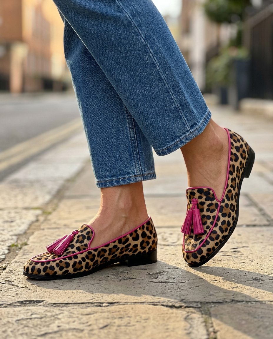 Fiamma Moccasin — Leopard Print with Fuchsia Edges and Tassels