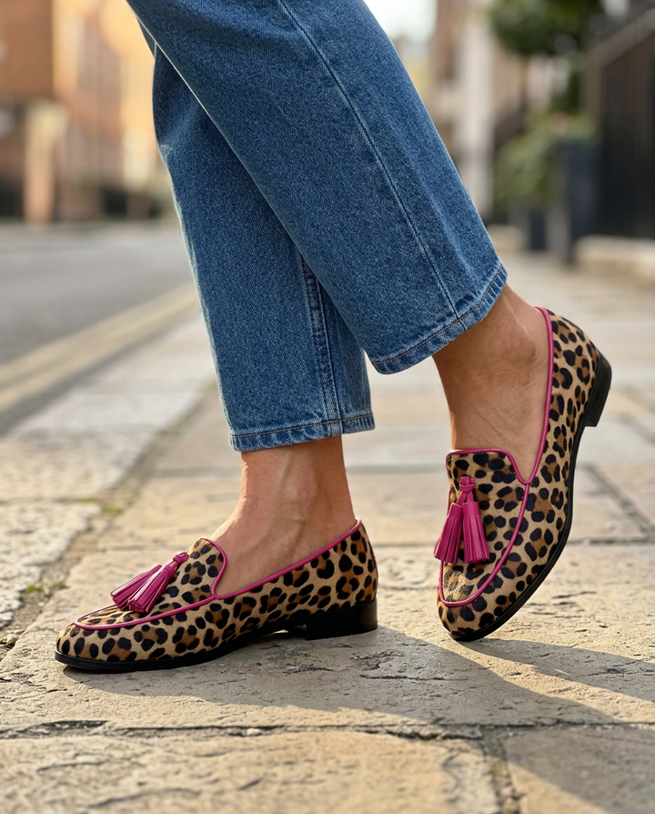 Fiamma Moccasin — Leopard Print with Fuchsia Edges and Tassels