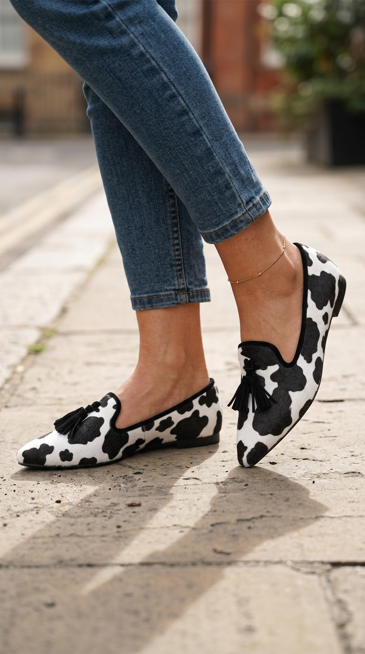 Ginevra Loafers — Black and White Cow Print, Black Tassels