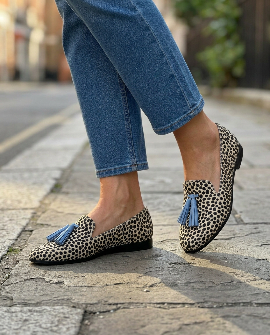 Nadia Loafers — Black and White Leopard with Powder Blue Tassels
