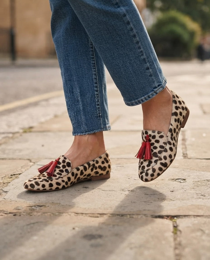 Aurora Loafer — Cream with Brown Dots and Red Tassels