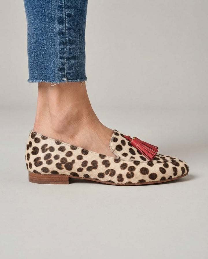 Aurora Loafer — Cream with Brown Dots and Red Tassels