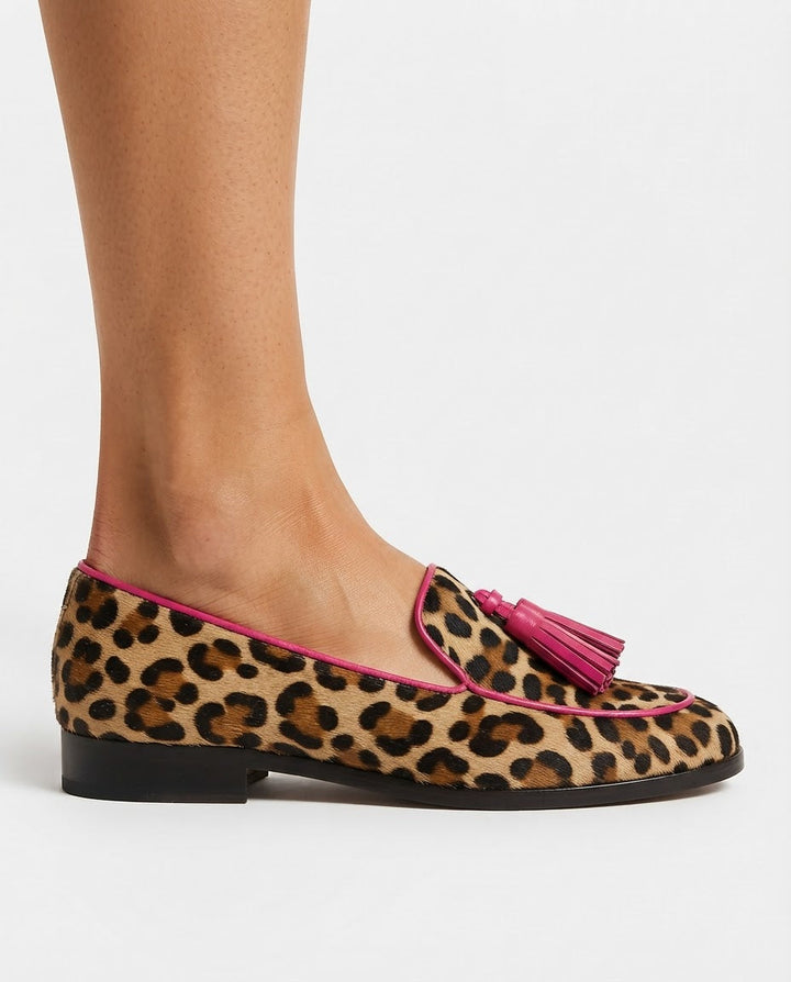 Fiamma Moccasin — Leopard Print with Fuchsia Edges and Tassels
