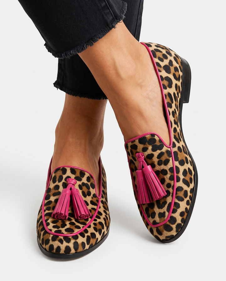 Fiamma Moccasin — Leopard Print with Fuchsia Edges and Tassels