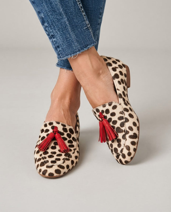 Aurora Loafer — Cream with Brown Dots and Red Tassels