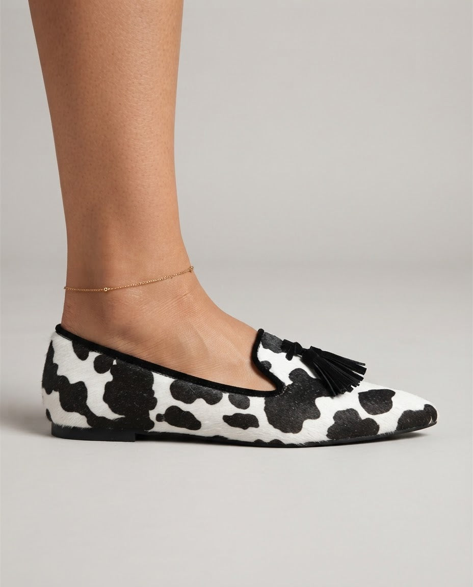 Ginevra Loafers — Black and White Cow Print, Black Tassels