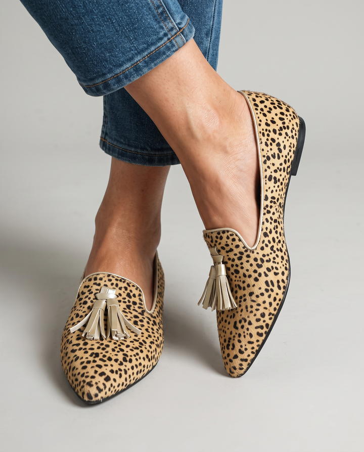 Ginevra Moccasin — Cheetah, Gold Tassels