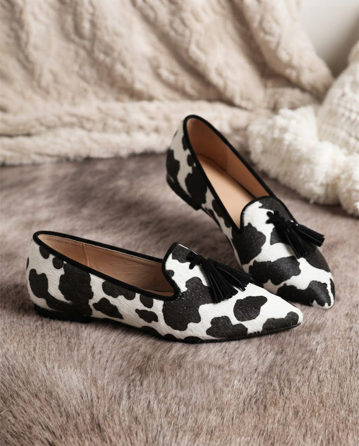 Ginevra Loafers — Black and White Cow Print, Black Tassels