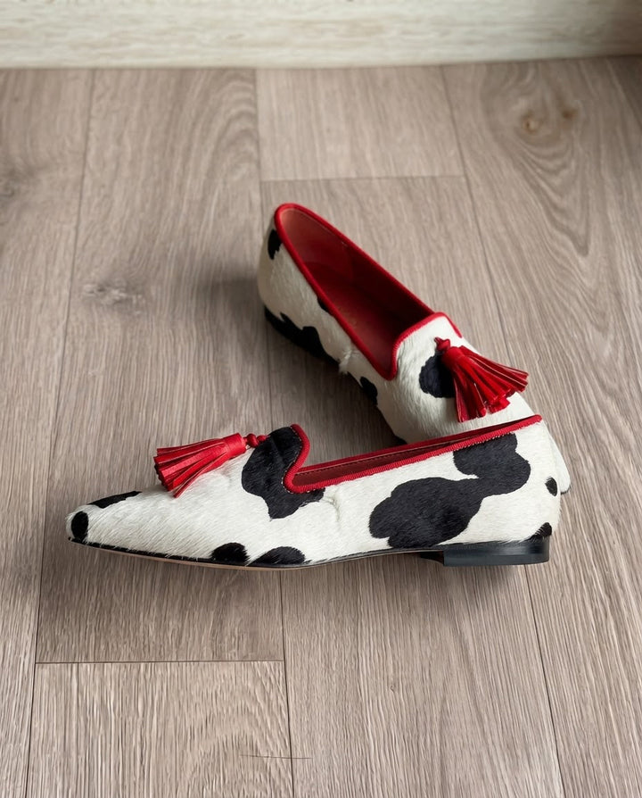 Ginevra Loafers — Black and White Cow Print, Red Tassels