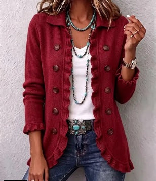 Marta | Ruby Red Ribbed Jacket with Ruffles