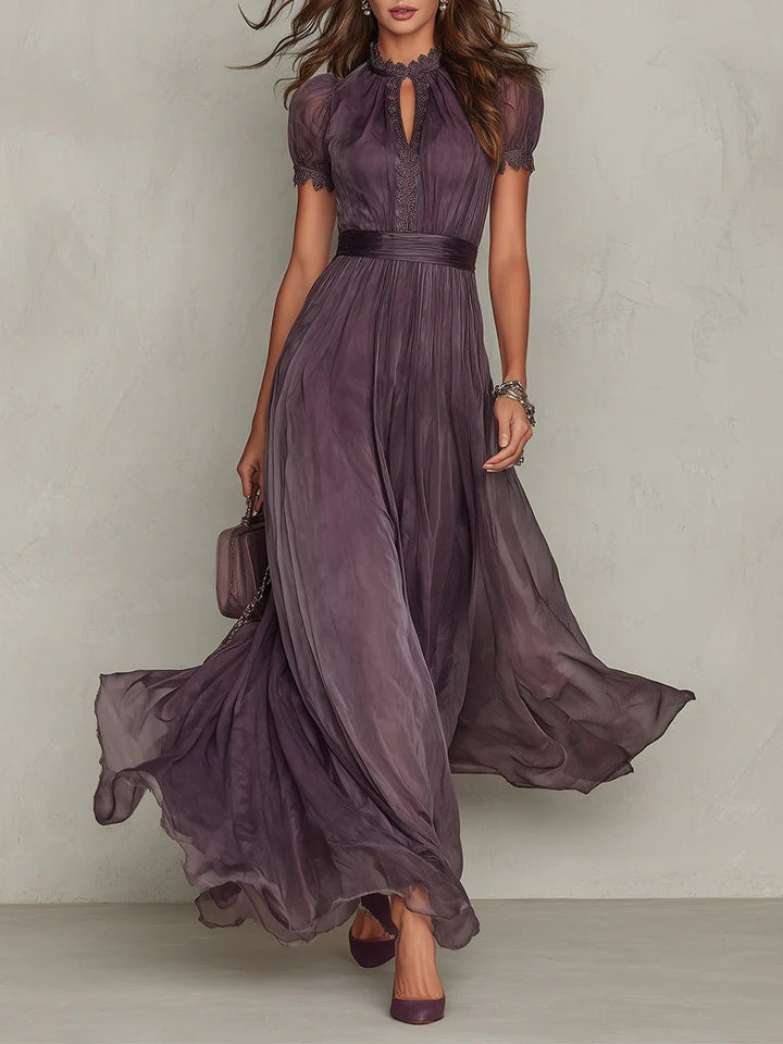 Valentine™ | Keyhole Neckline Chiffon Lace Trim Maxi Dress