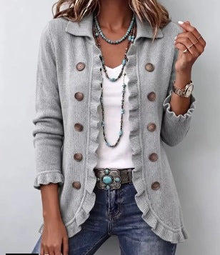 Teodora | Grey Marl Ribbed Jacket with Ruffles