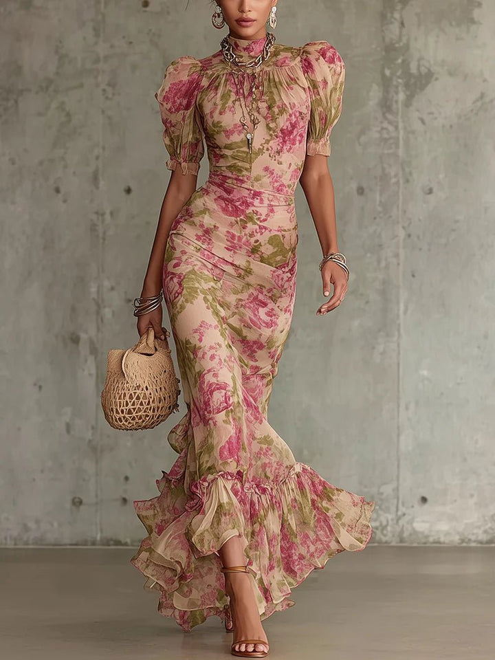Océane™ | Vintage Rose Print Maxi Dress with Puff Sleeves (Accessories not included)