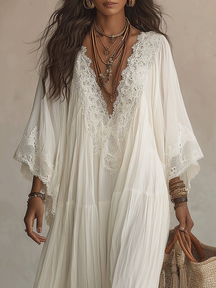 Clémence™ | Lace V-Neck Batwing Sleeve Chiffon Maxi Dress