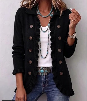 Zaira | Intense Black Ribbed Jacket with Ruffles