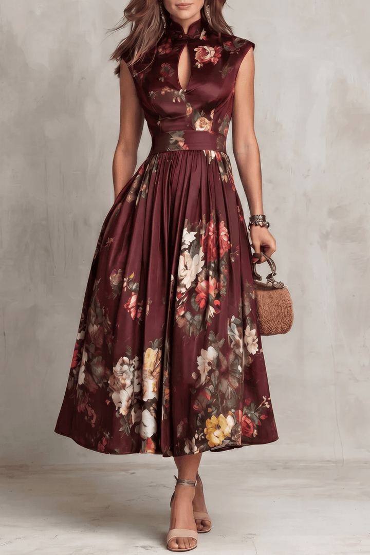 Rosalie™ | Keyhole Collar Floral Pleated Satin Midi Dress