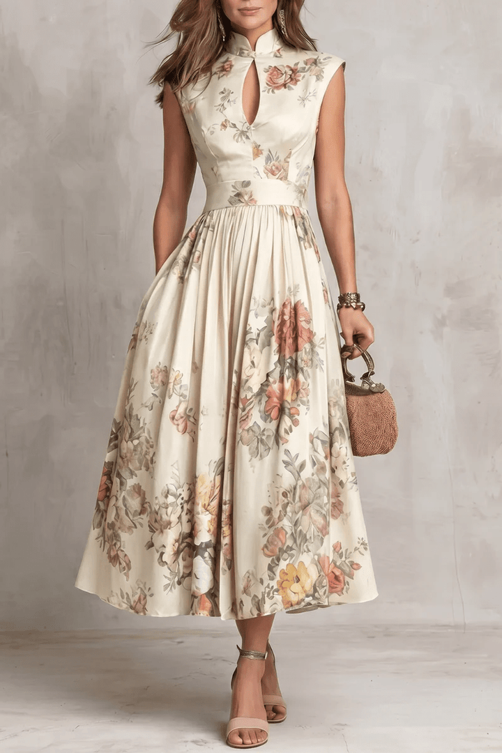 Rosalie™ | Keyhole Collar Floral Pleated Satin Midi Dress